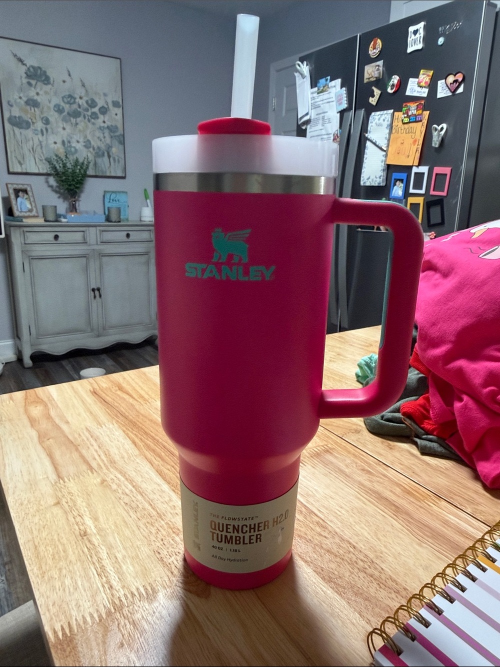 Stanley Bright Pink Tumbler with Teal Logo and Handle